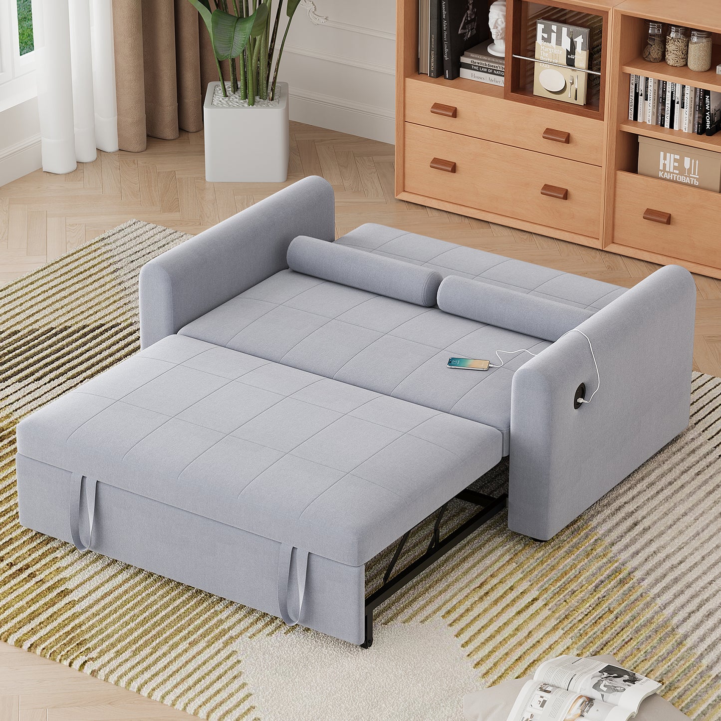 Convertible 2 Seater Sofa Bed with USB and Type-C Ports