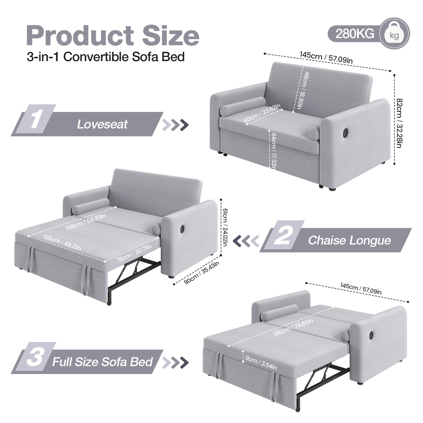 Convertible 2 Seater Sofa Bed with USB and Type-C Ports