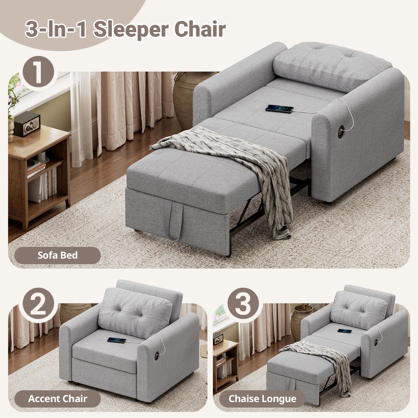 Convertible Single Sofa Bed with USB and Type-C Ports