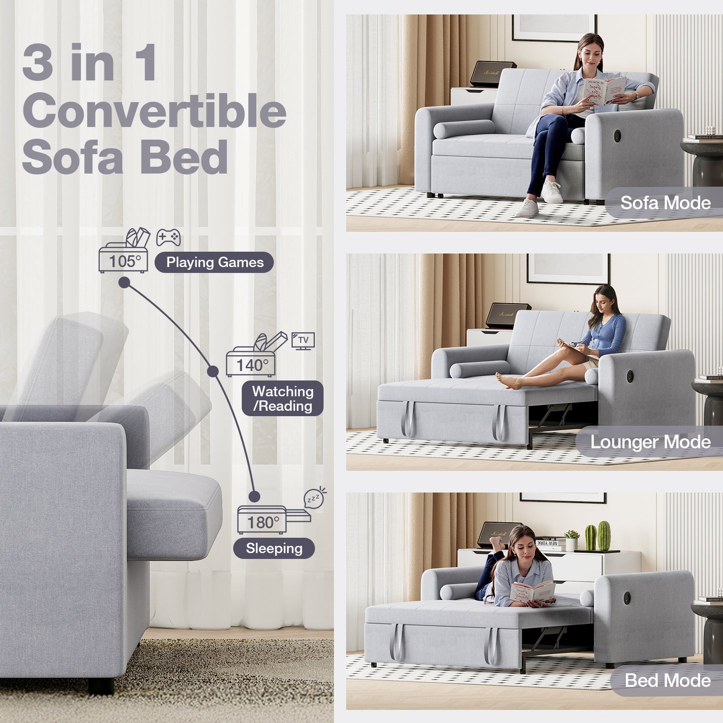 Convertible 2 Seater Sofa Bed with USB and Type-C Ports