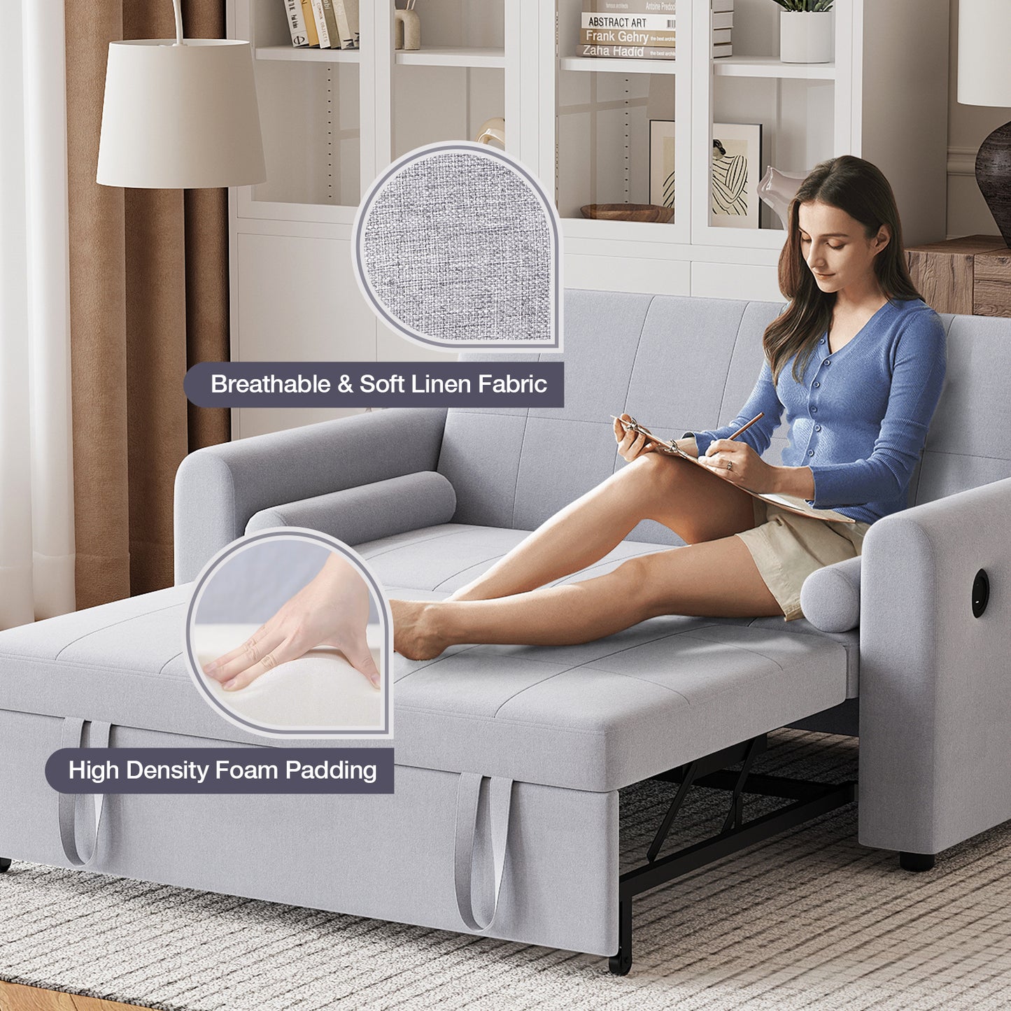 Convertible 2 Seater Sofa Bed with USB and Type-C Ports