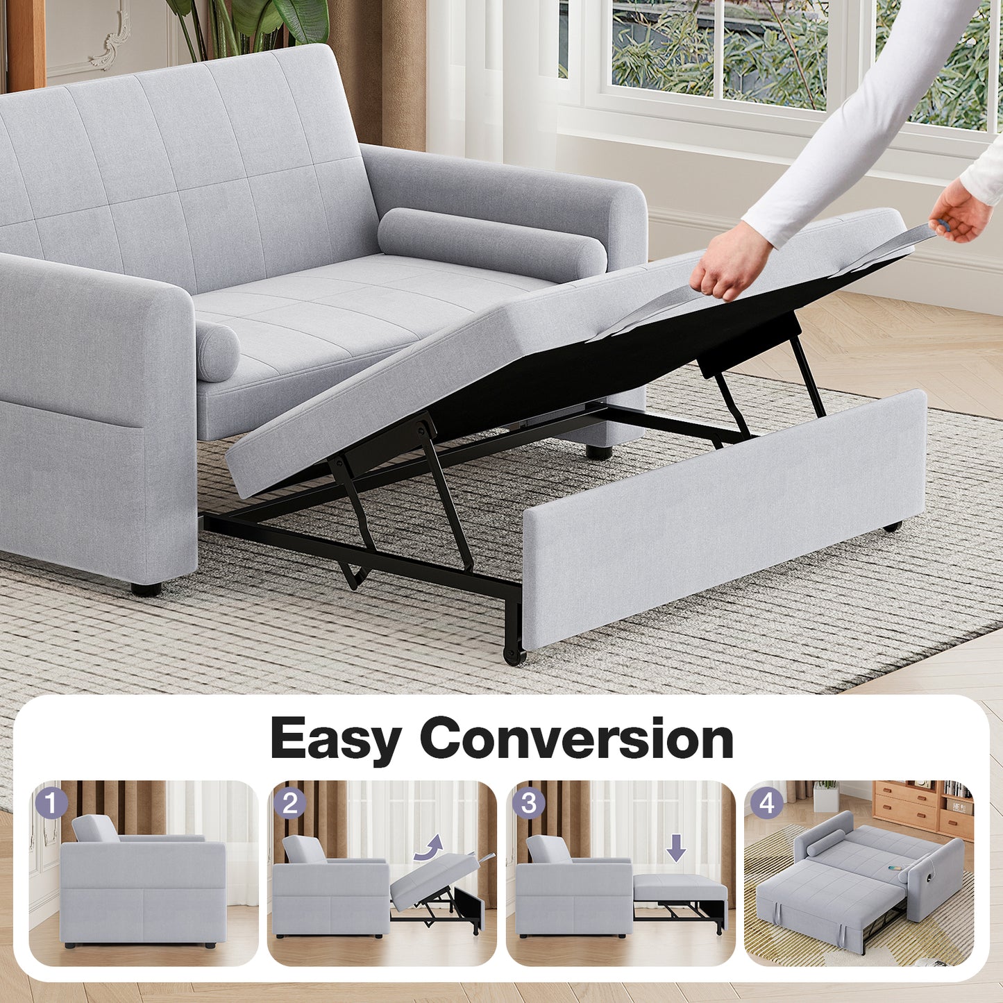 Convertible 2 Seater Sofa Bed with USB and Type-C Ports