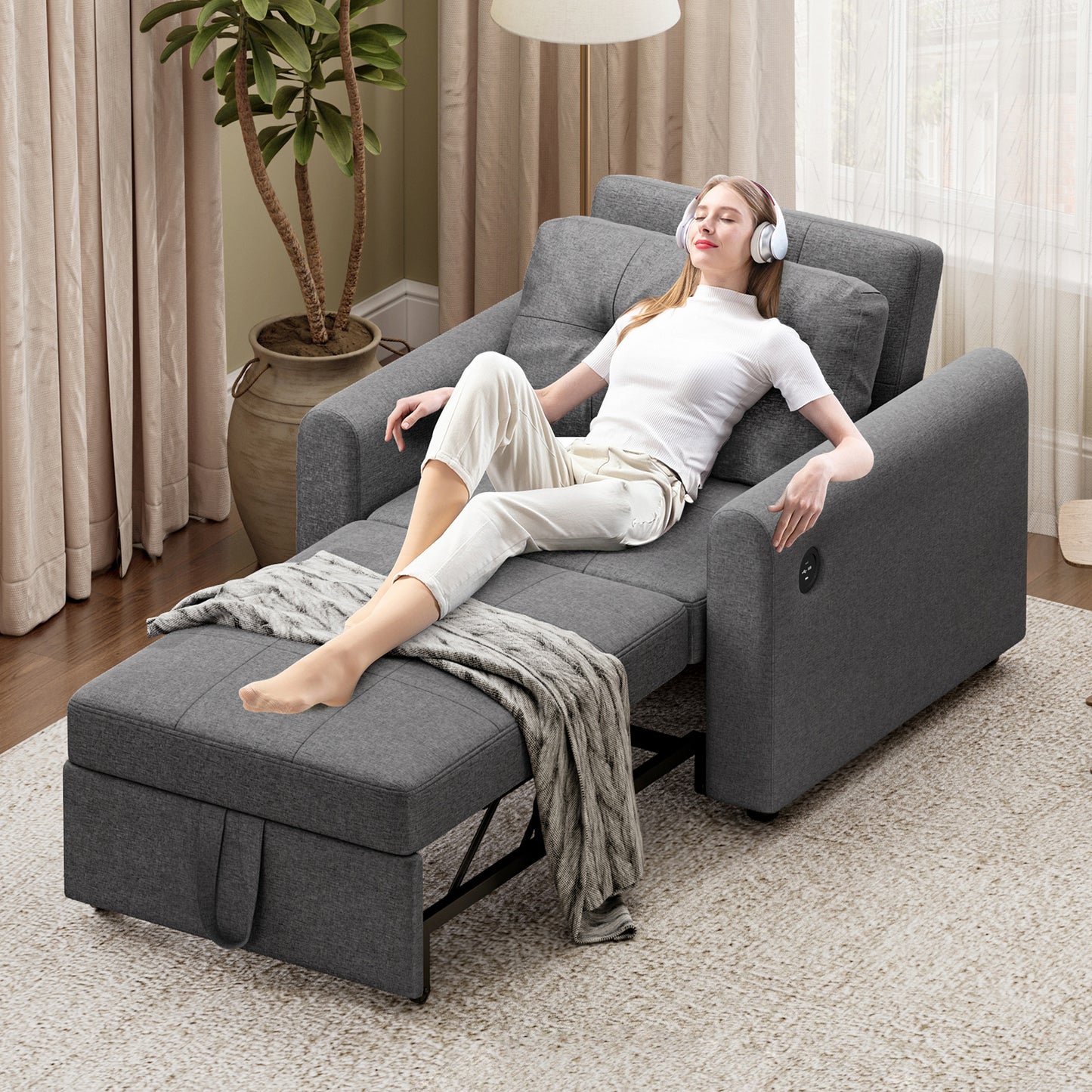 Convertible Single Sofa Bed with USB and Type-C Ports