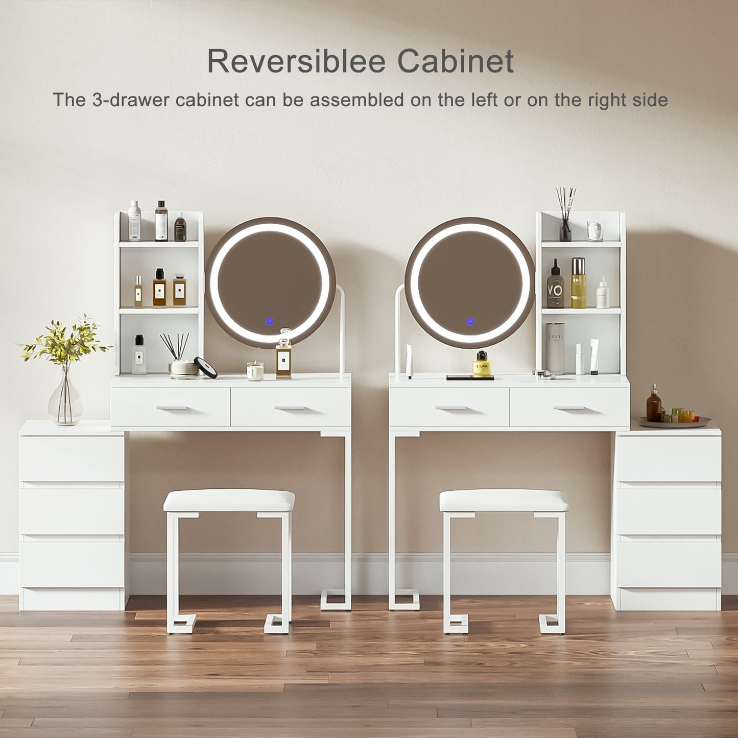 White Vanity Table with LED Round Mirror