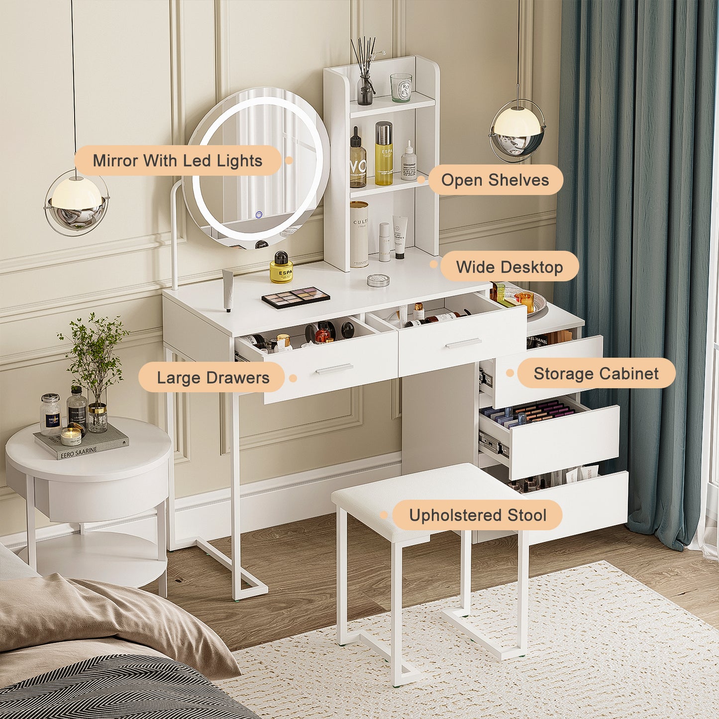 White Vanity Table with LED Round Mirror