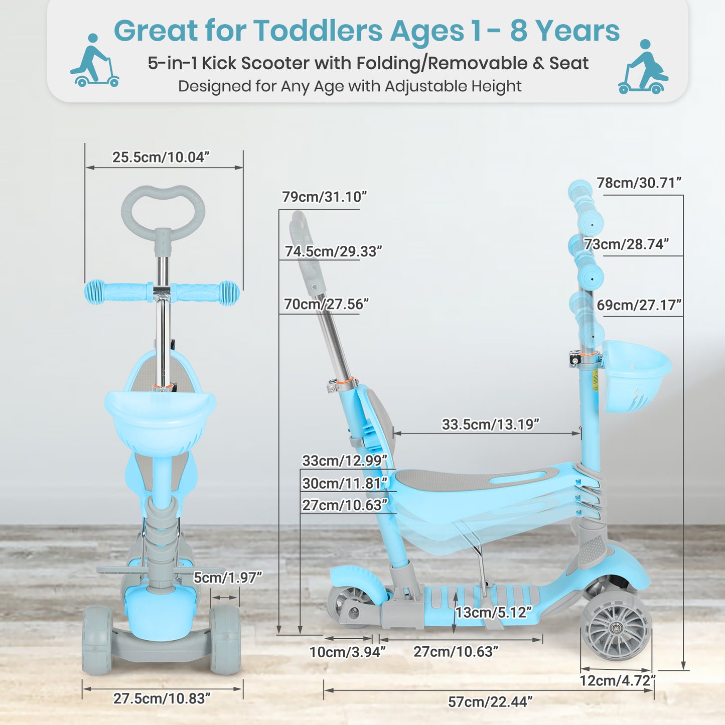5 in 1 Kick Scooter for Kids with LED Lights