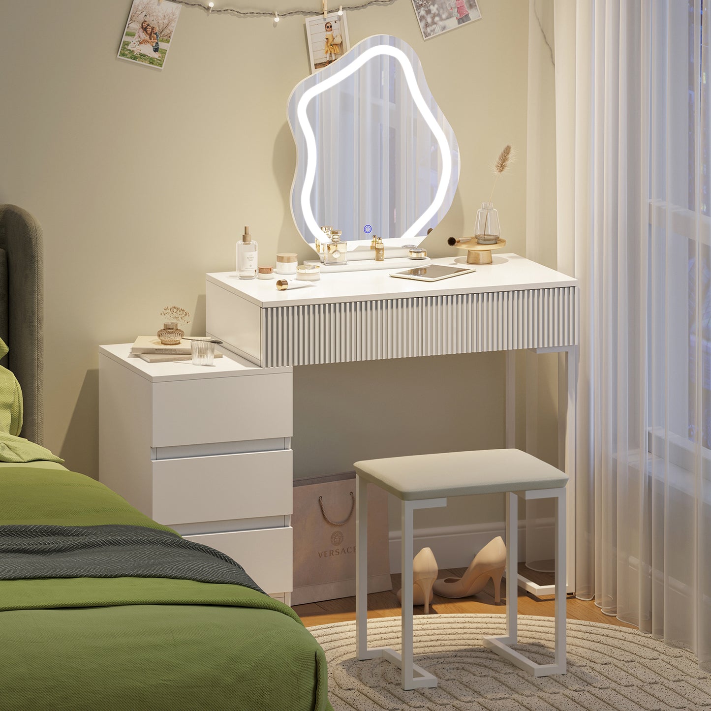 Modern White Dressing Table with Cloud Shape Mirror
