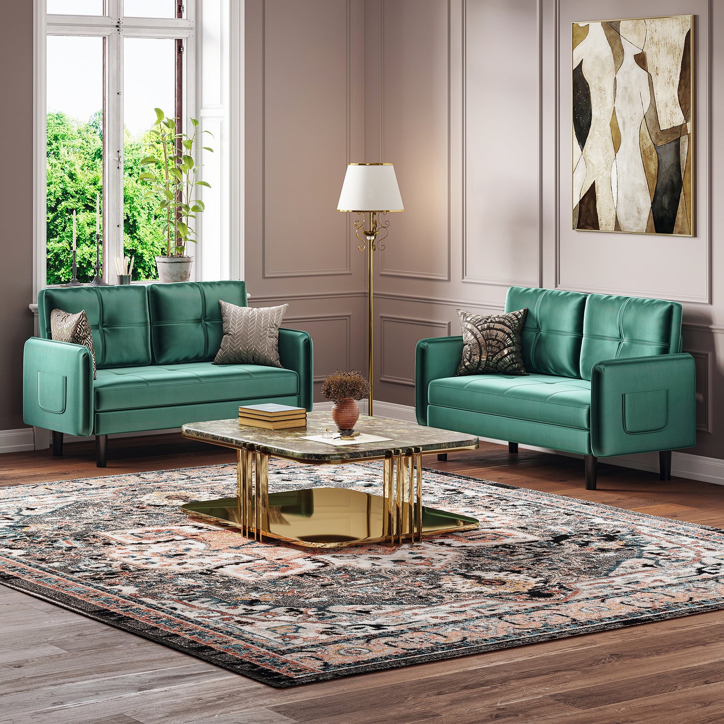Modern 2-Seater Velvet Sofa with Cushions and Side Pockets