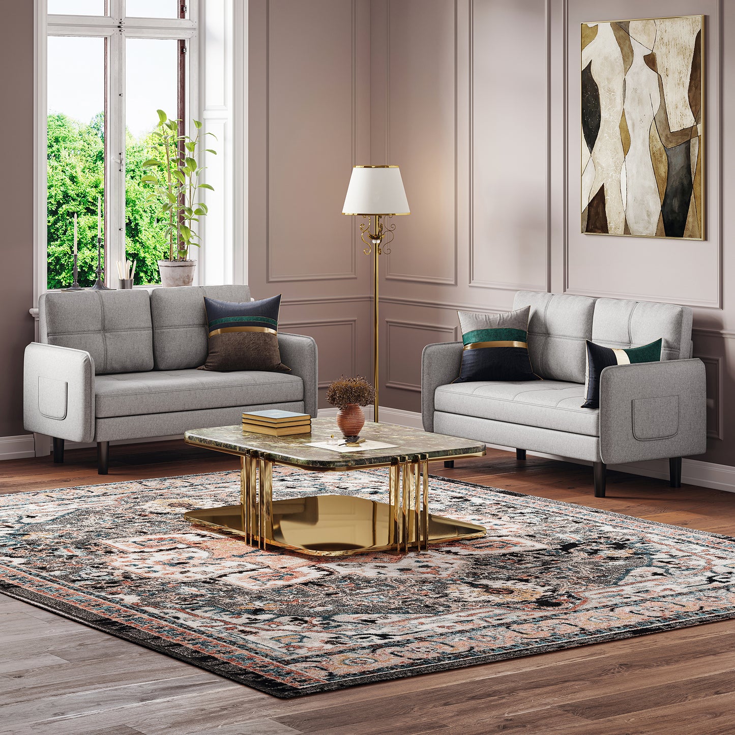 Modern 2-Seater Velvet Sofa with Cushions and Side Pockets