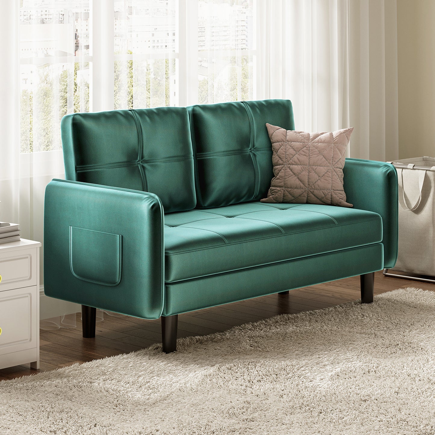 Modern 2-Seater Velvet Sofa with Cushions and Side Pockets