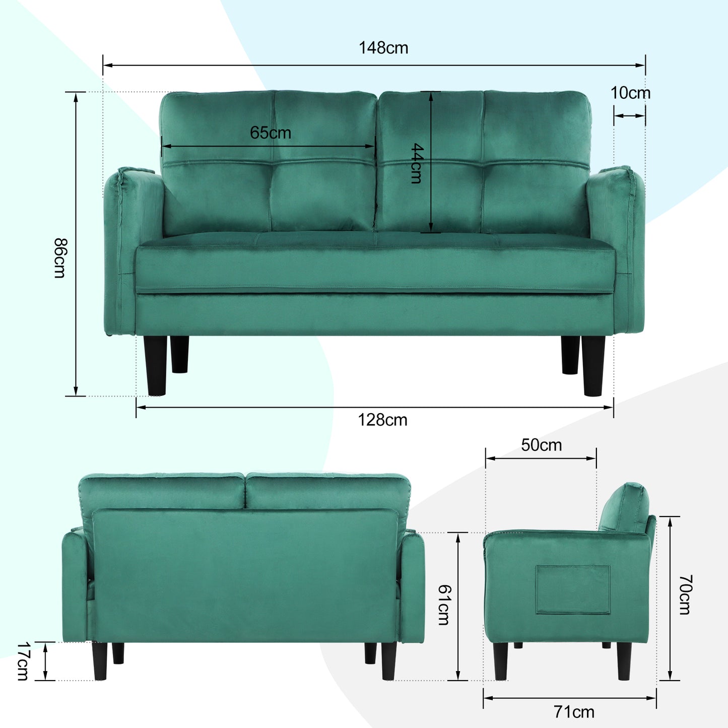 Modern 2-Seater Velvet Sofa with Cushions and Side Pockets
