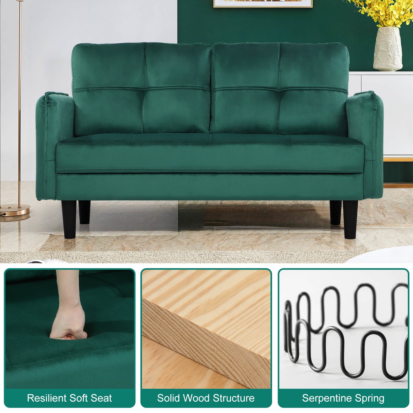 Modern 2-Seater Velvet Sofa with Cushions and Side Pockets