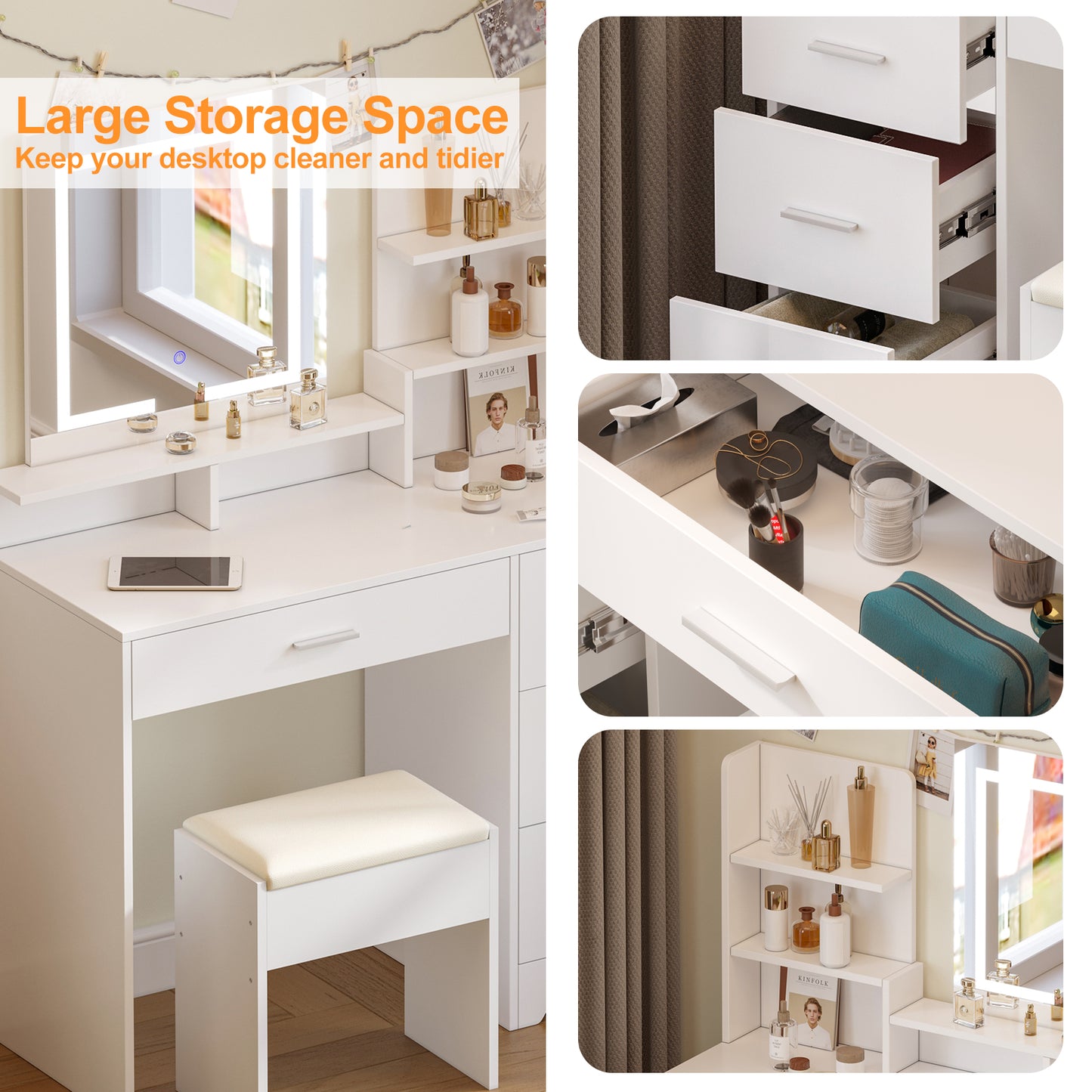 White Dressing Table with Square Mirror