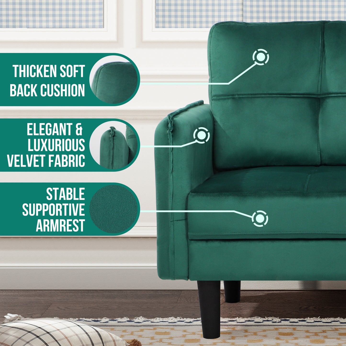 Modern 2-Seater Velvet Sofa with Cushions and Side Pockets