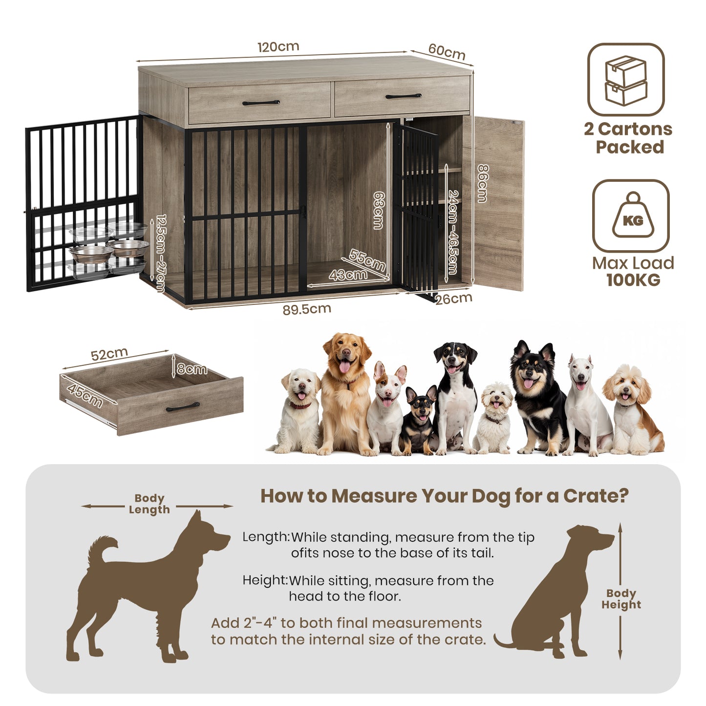 Large Wooden Dog Crate with Drawers