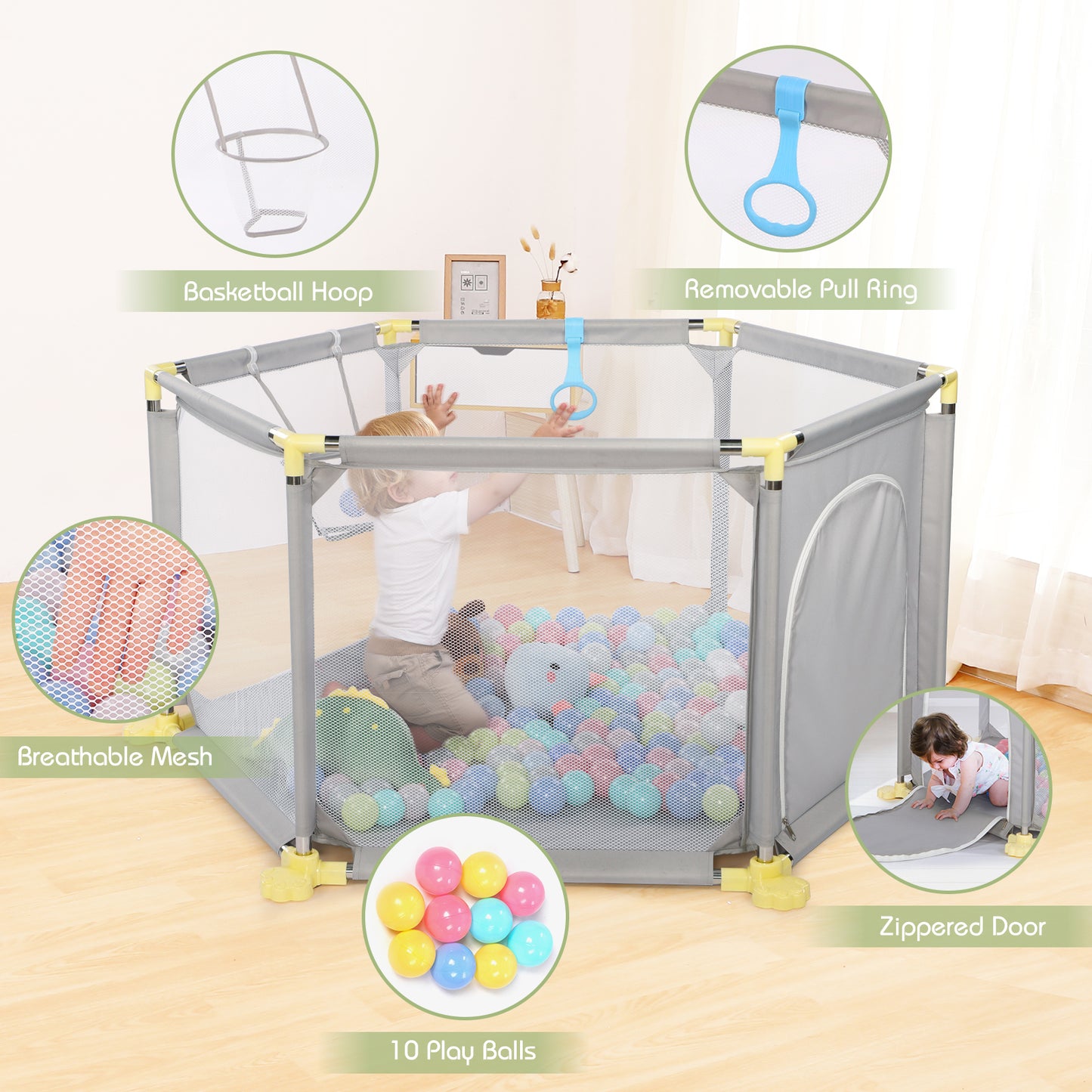 Hello5ive 6-Panel Anti-Slip Baby Playpen - Grey