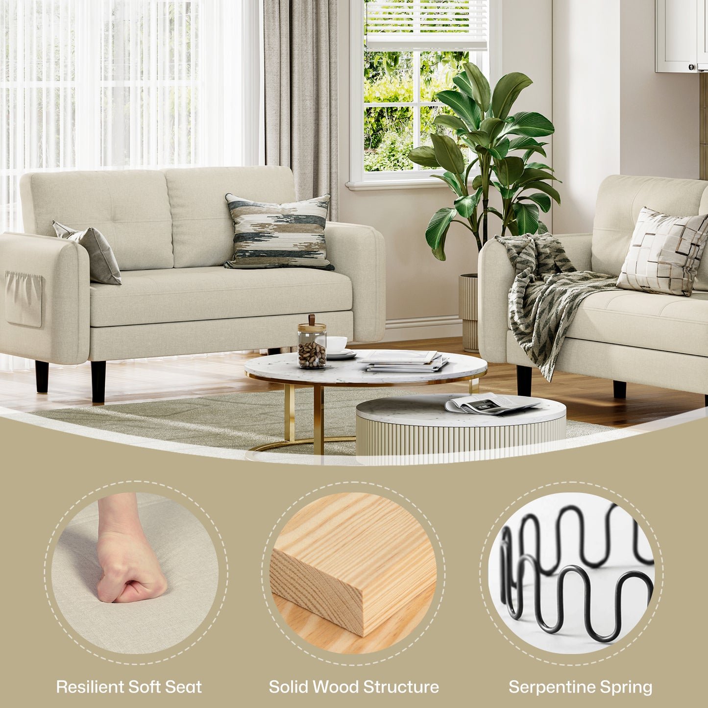 Modern 2-Seater Linen Sofa with Thicken Cushions