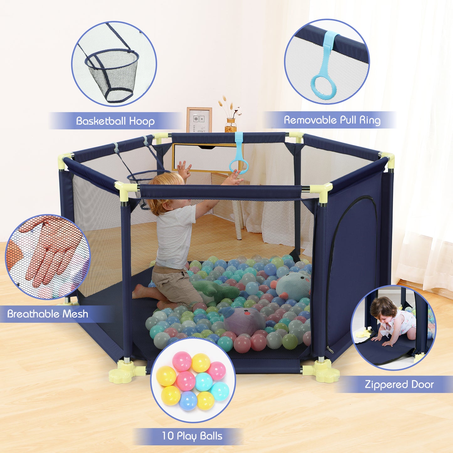 Hello5ive 6-Panel Anti-Slip Baby Playpen Blue