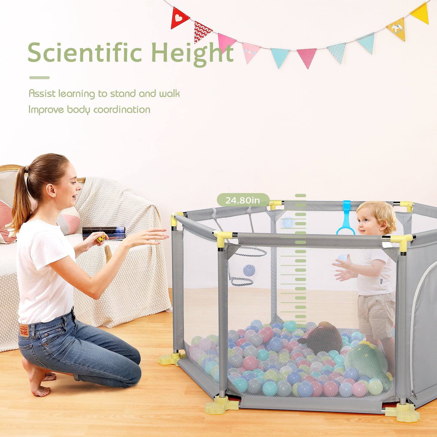 Hello5ive 6-Panel Anti-Slip Baby Playpen - Grey