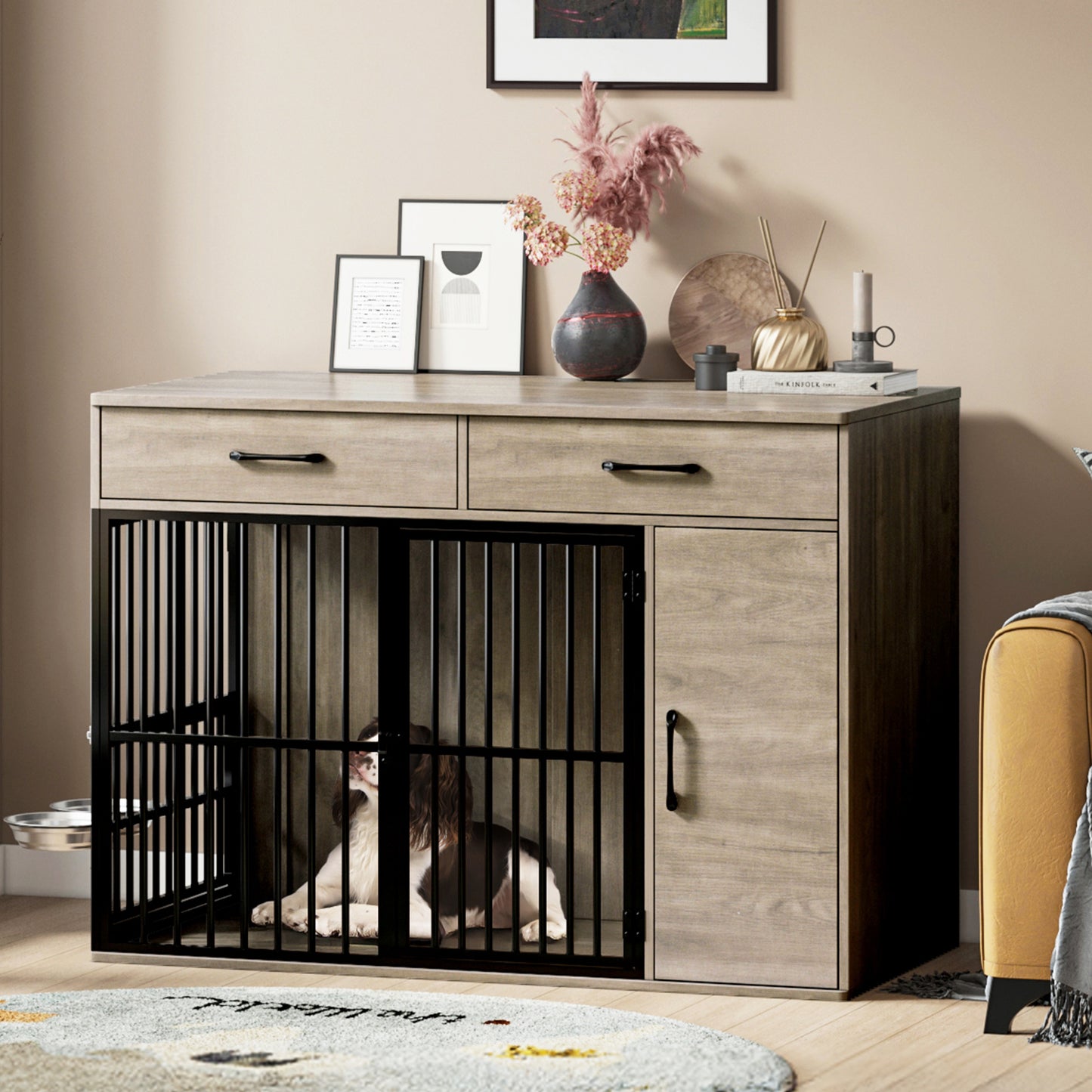 Large Wooden Dog Crate with Drawers