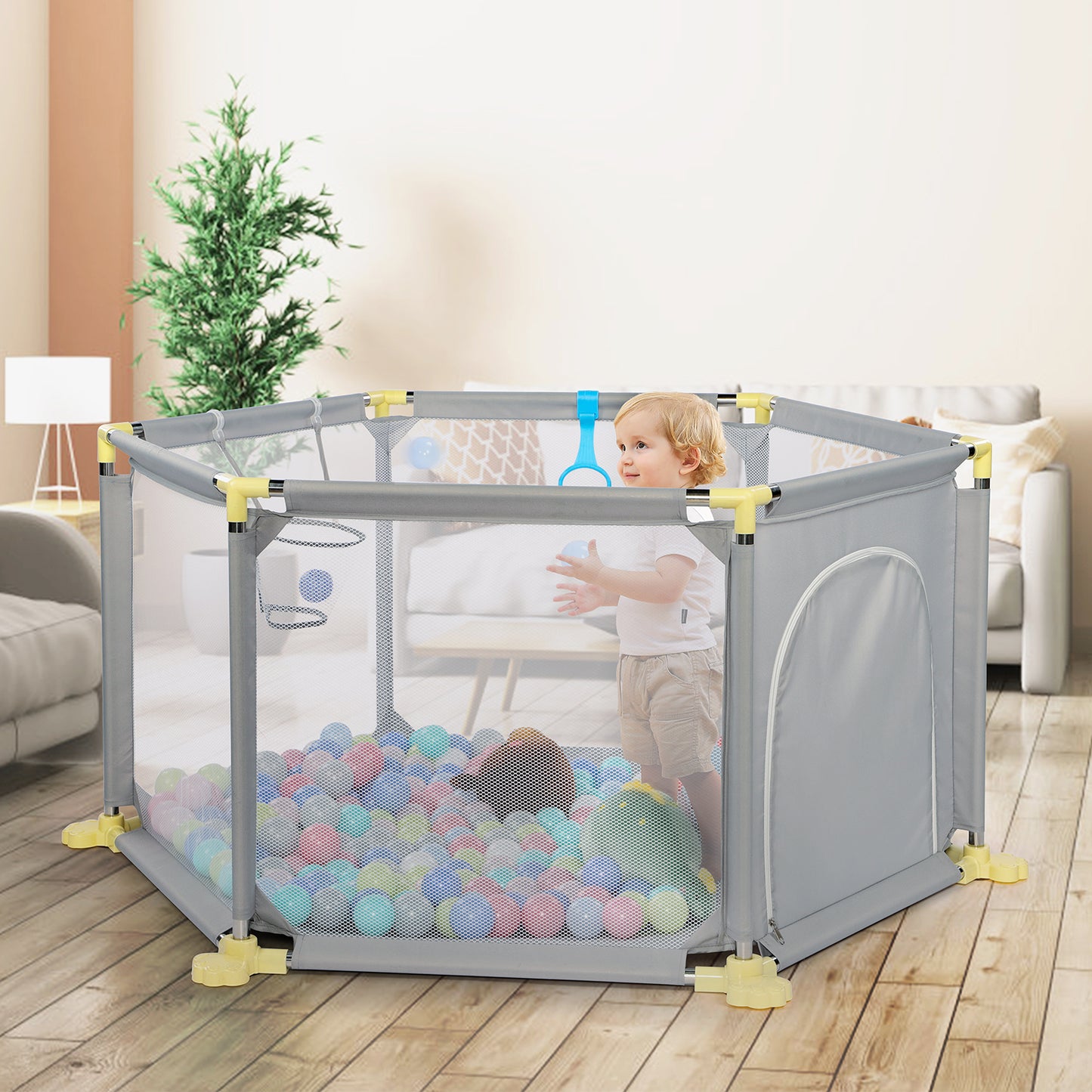 Hello5ive 6-Panel Anti-Slip Baby Playpen - Grey