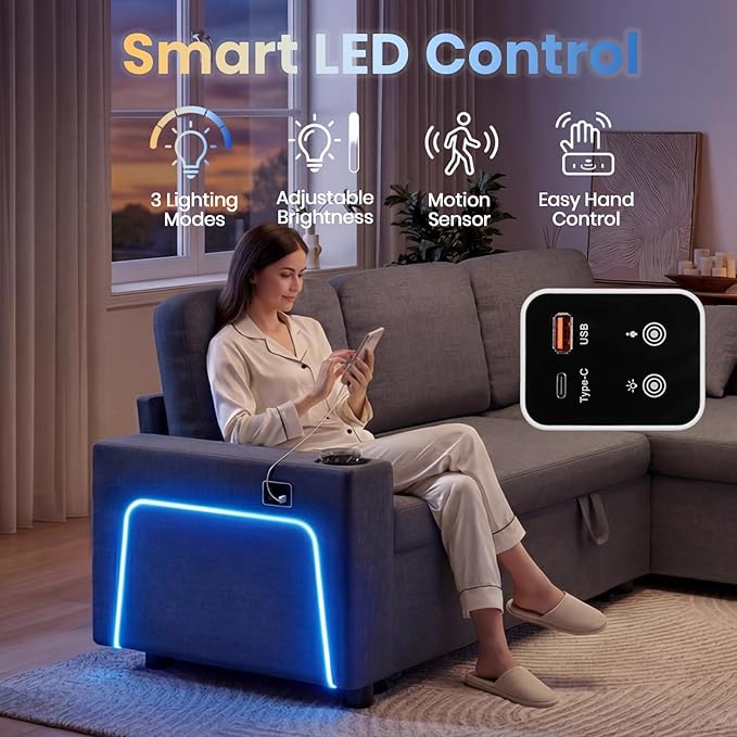 Convertible L-Shaped Sofa Bed with LED Light