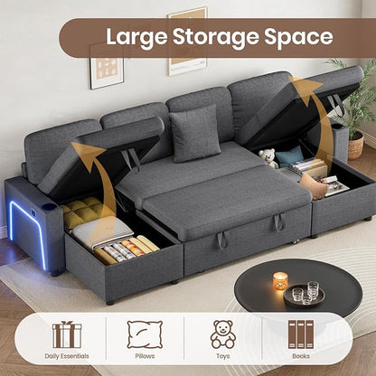 Convertible L-Shaped Sofa Bed with LED Light
