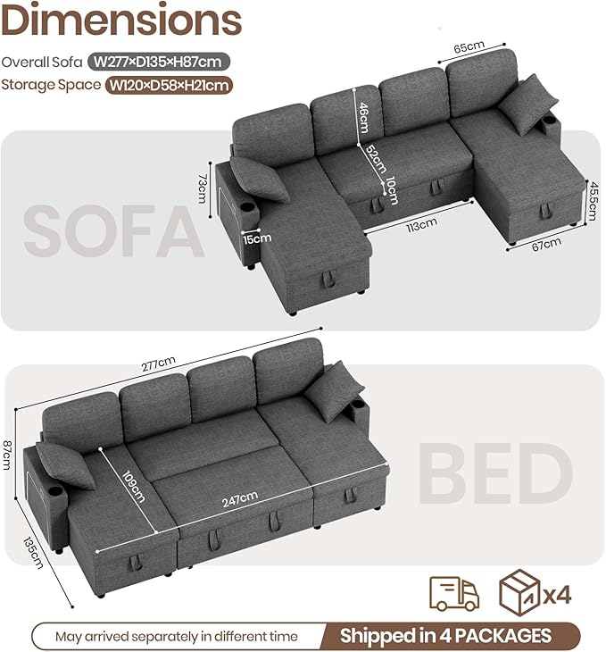 Convertible L-Shaped Sofa Bed with LED Light
