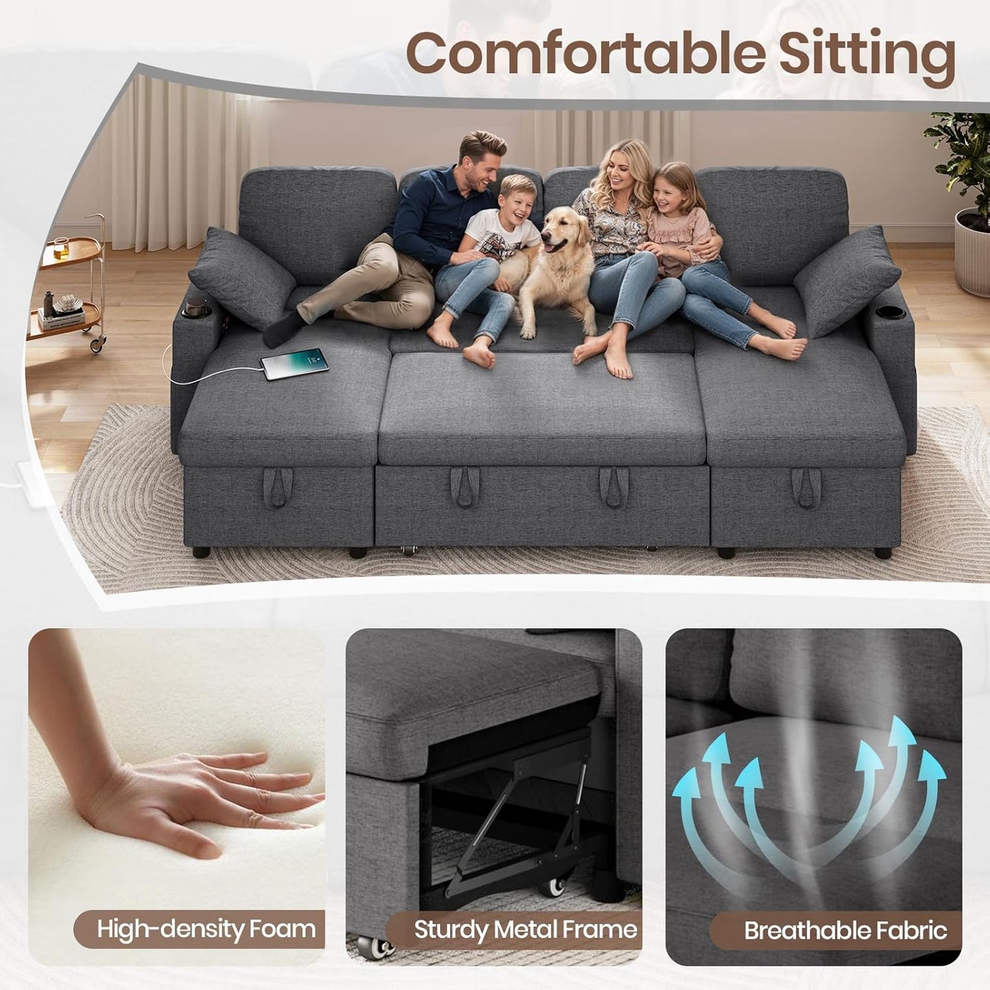 Convertible L-Shaped Sofa Bed with LED Light