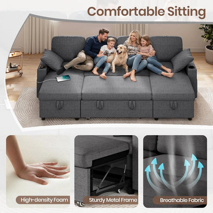 Convertible L-Shaped Sofa Bed with LED Light