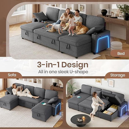 Convertible L-Shaped Sofa Bed with LED Light
