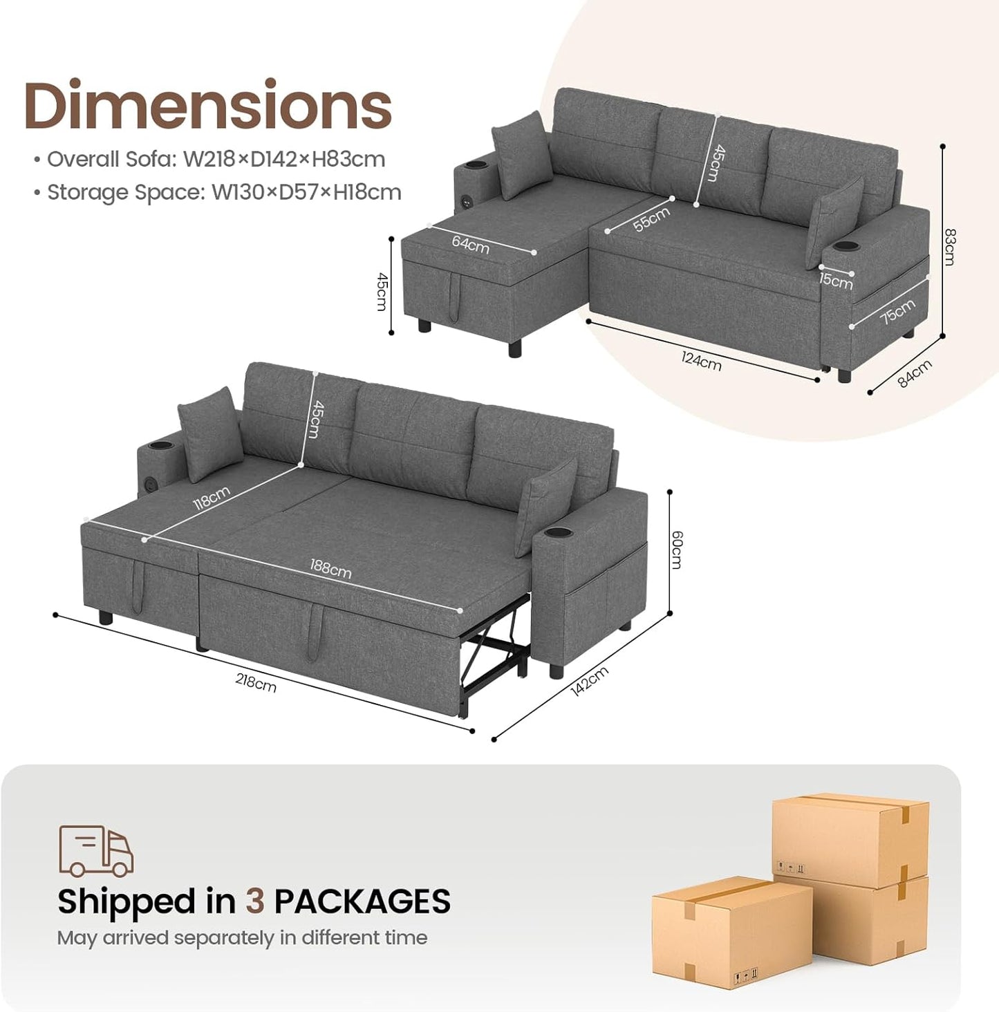 Convertible L-Shaped Sofa Bed with Storage