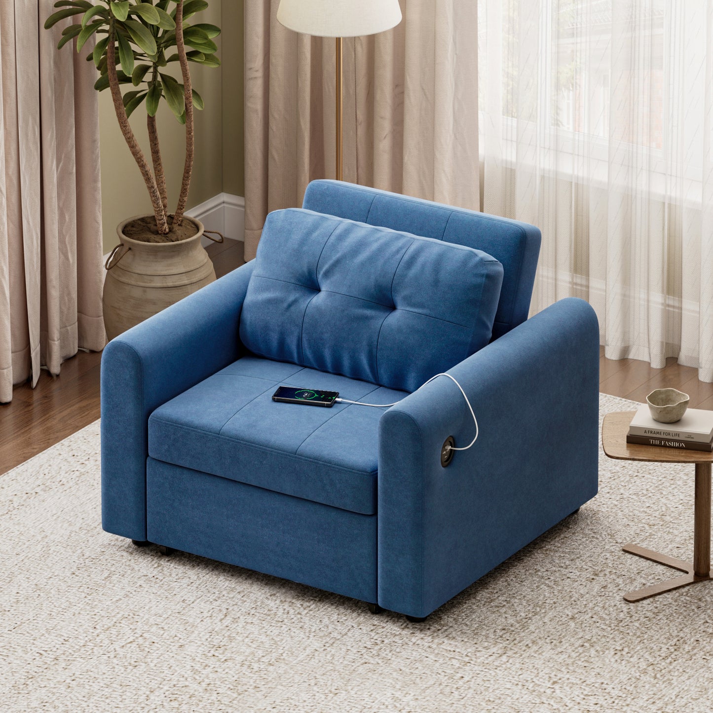 Convertible Single Sofa Bed with USB and Type-C Ports