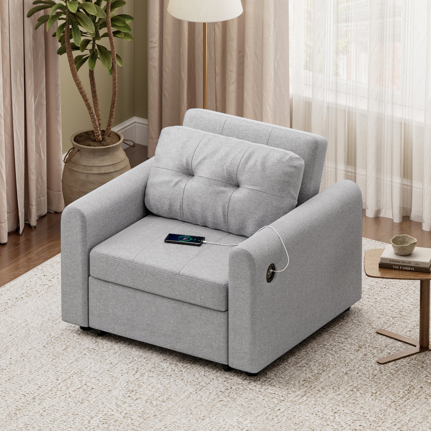 Convertible Single Sofa Bed with USB and Type-C Ports