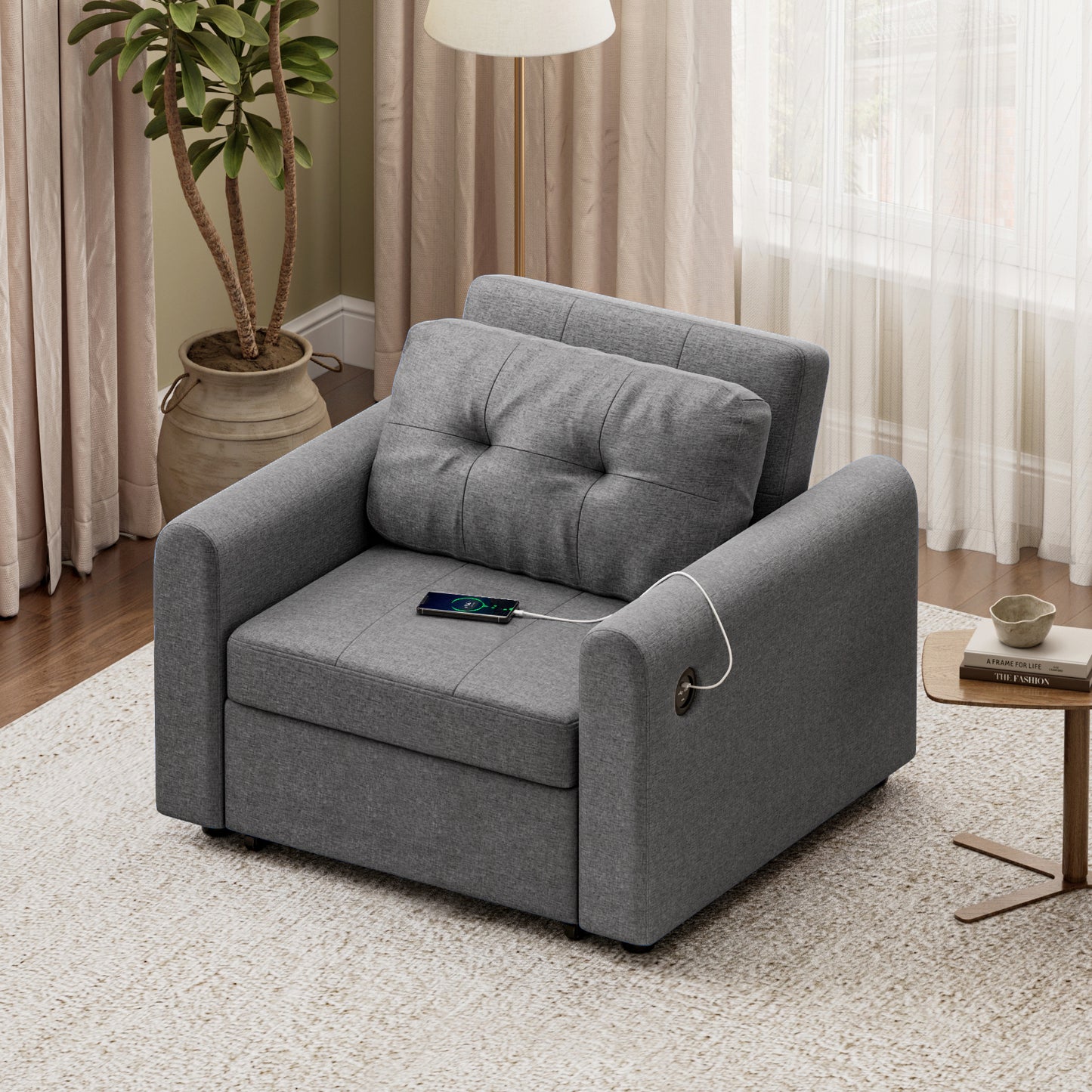 Convertible Single Sofa Bed with USB and Type-C Ports