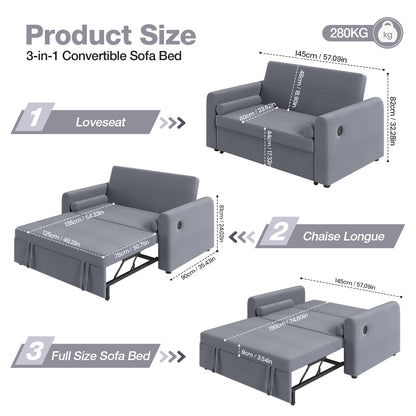 Convertible 2 Seater Sofa Bed with USB and Type-C Ports