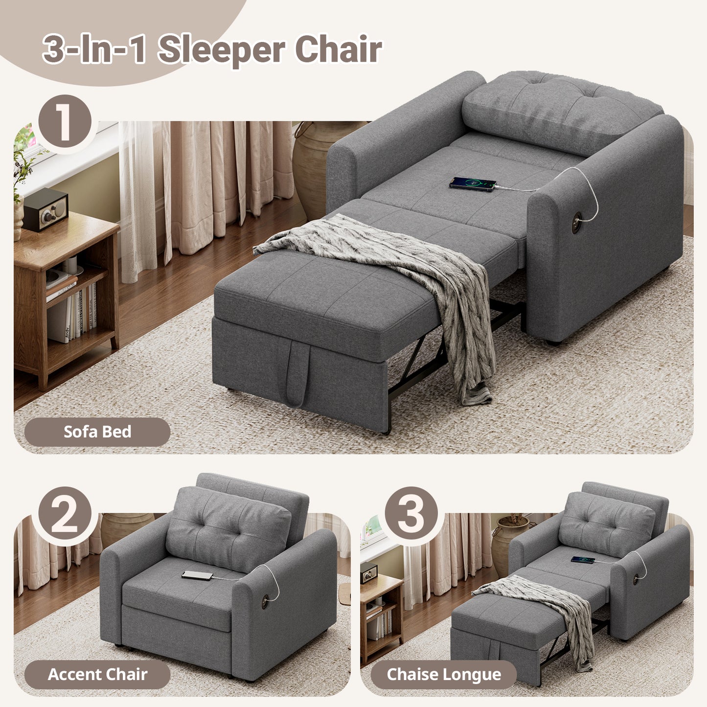 Convertible Single Sofa Bed with USB and Type-C Ports