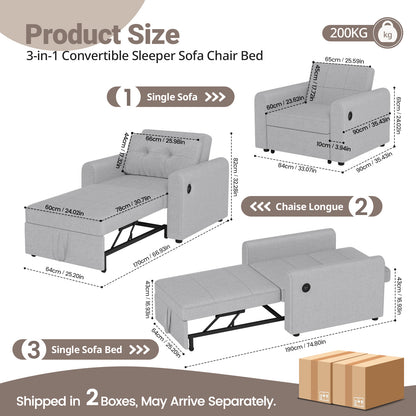 Convertible Single Sofa Bed with USB and Type-C Ports