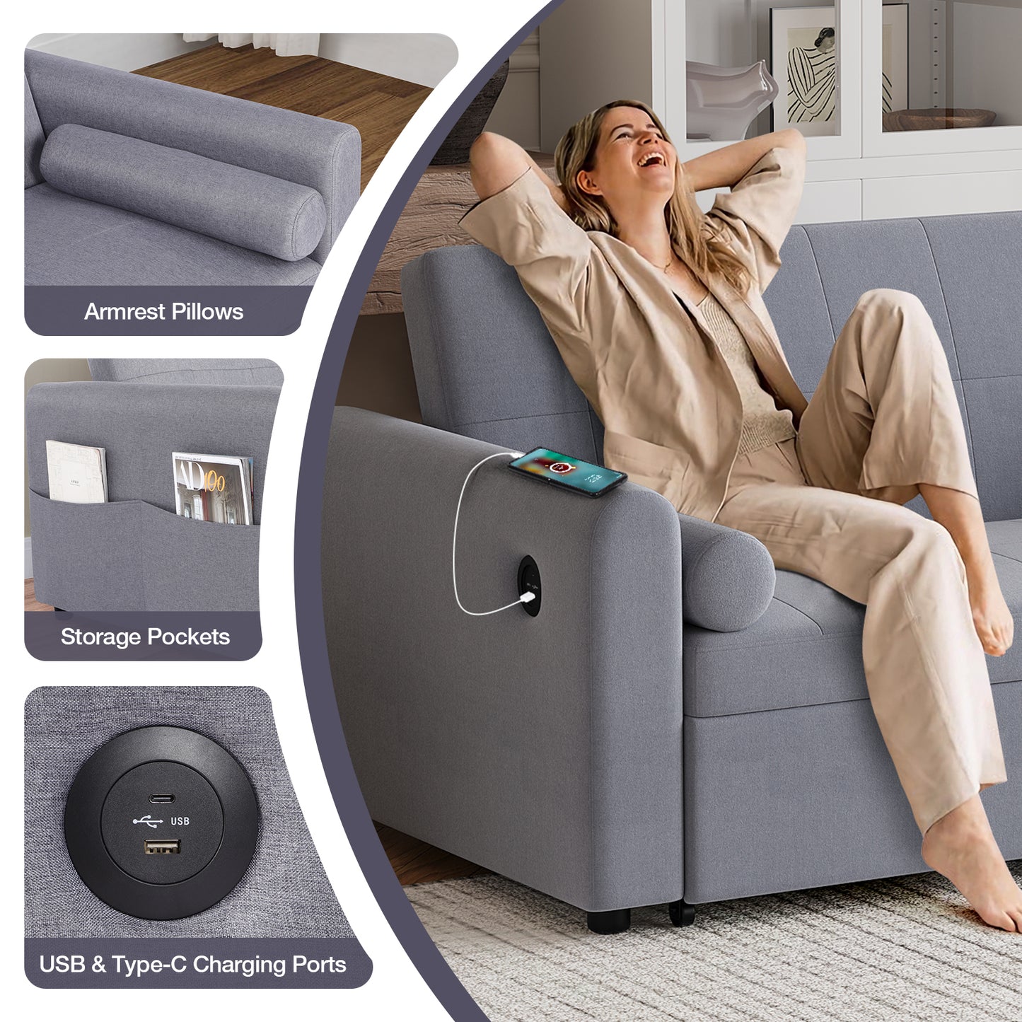 Convertible 2 Seater Sofa Bed with USB and Type-C Ports