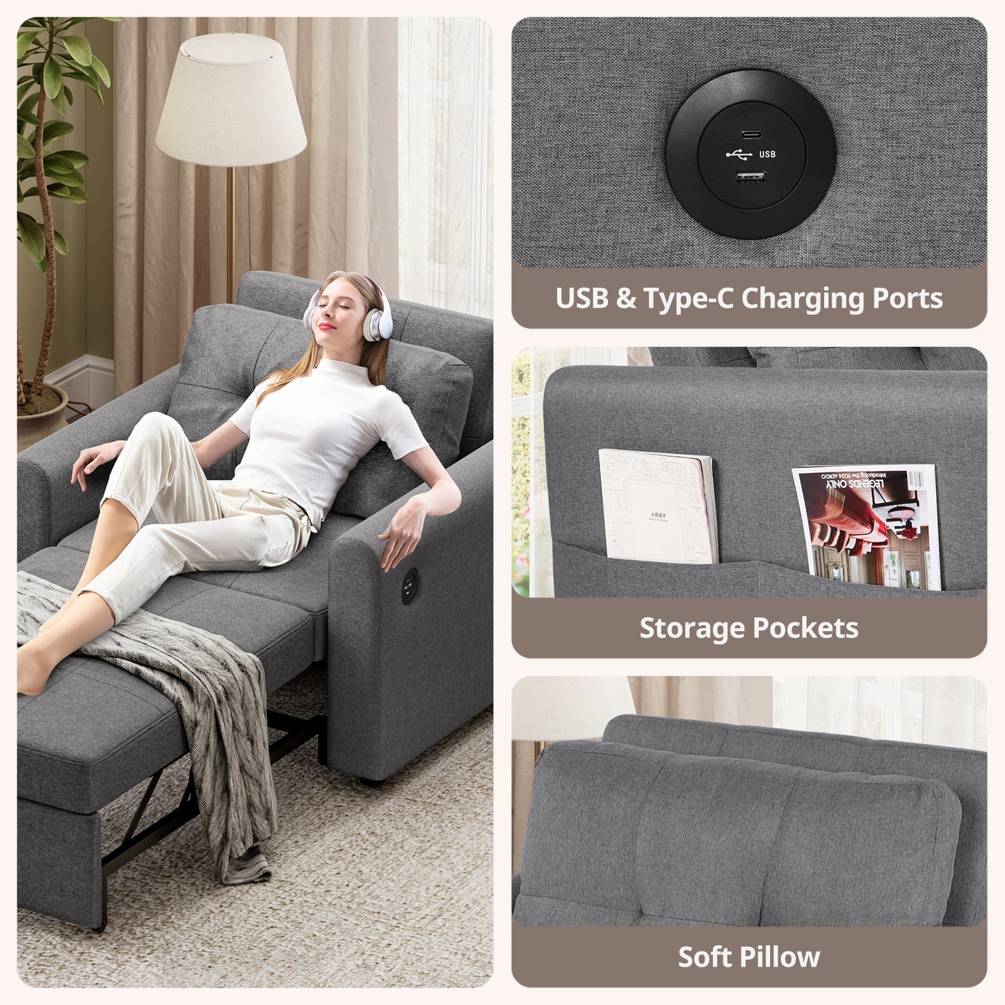 Convertible Single Sofa Bed with USB and Type-C Ports
