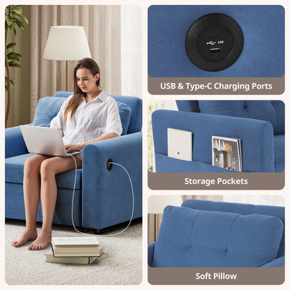 Convertible Single Sofa Bed with USB and Type-C Ports