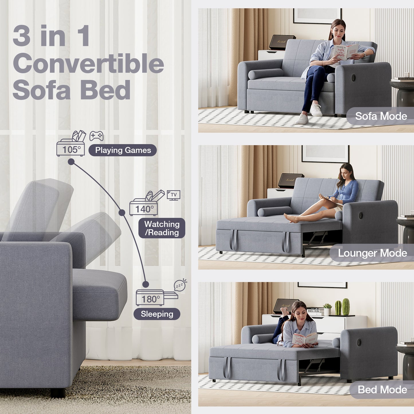 Convertible 2 Seater Sofa Bed with USB and Type-C Ports