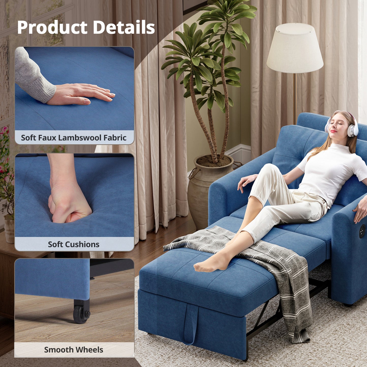 Convertible Single Sofa Bed with USB and Type-C Ports