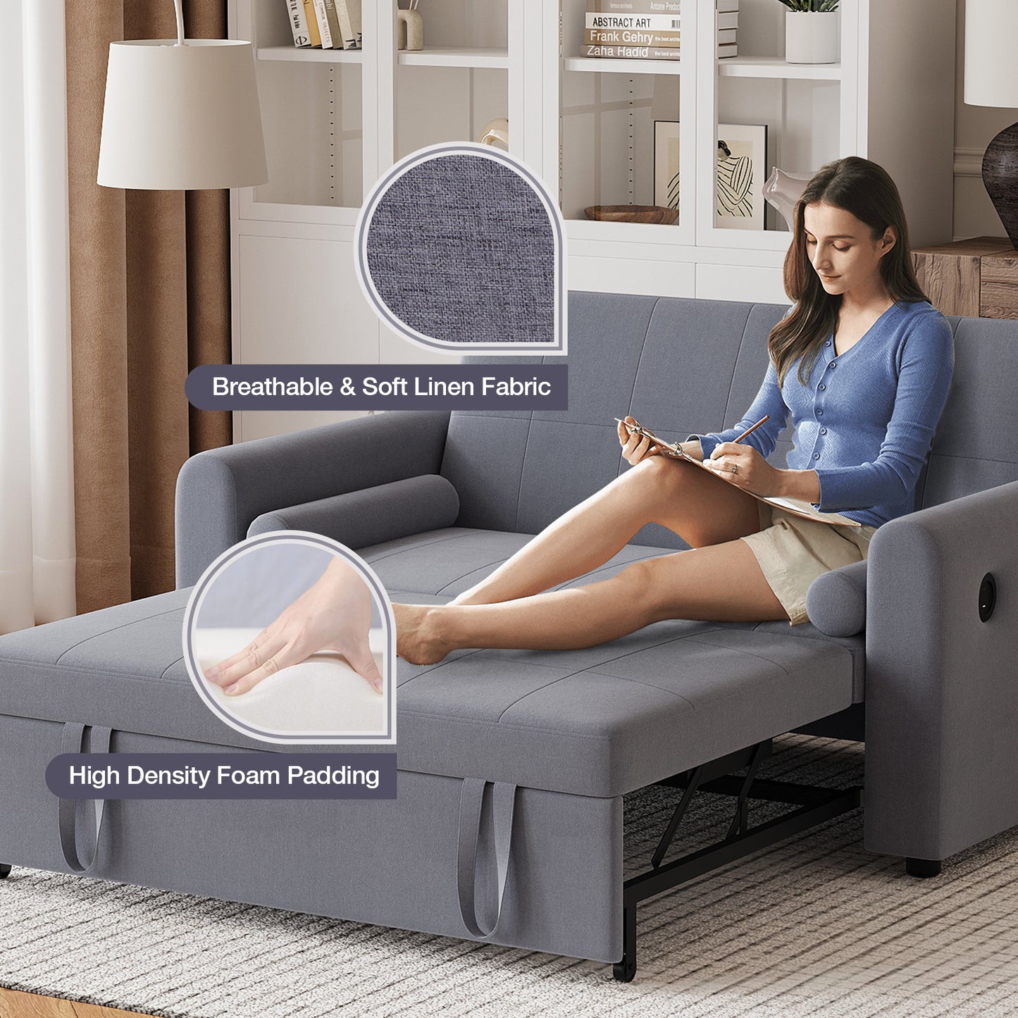 Convertible 2 Seater Sofa Bed with USB and Type-C Ports