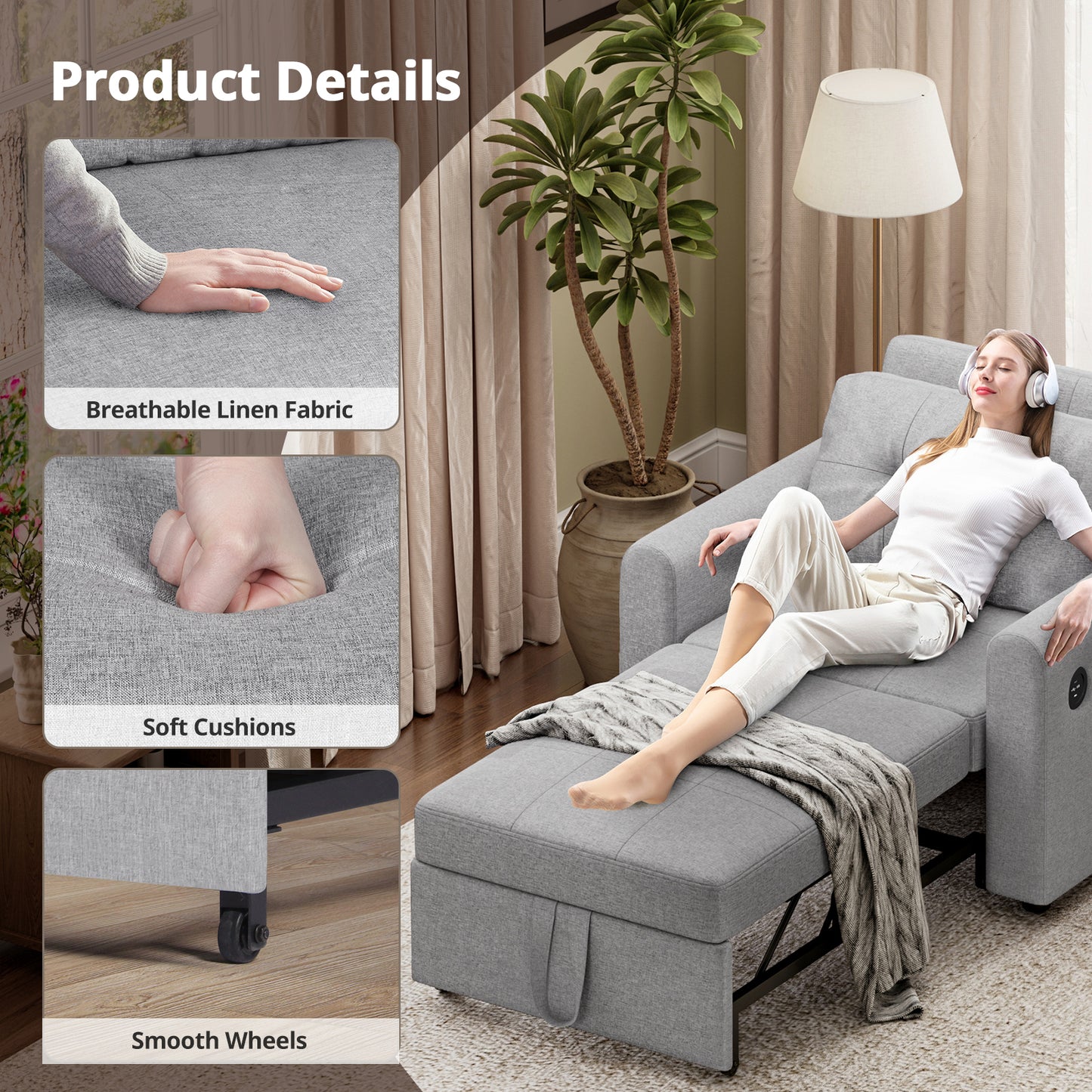 Convertible Single Sofa Bed with USB and Type-C Ports