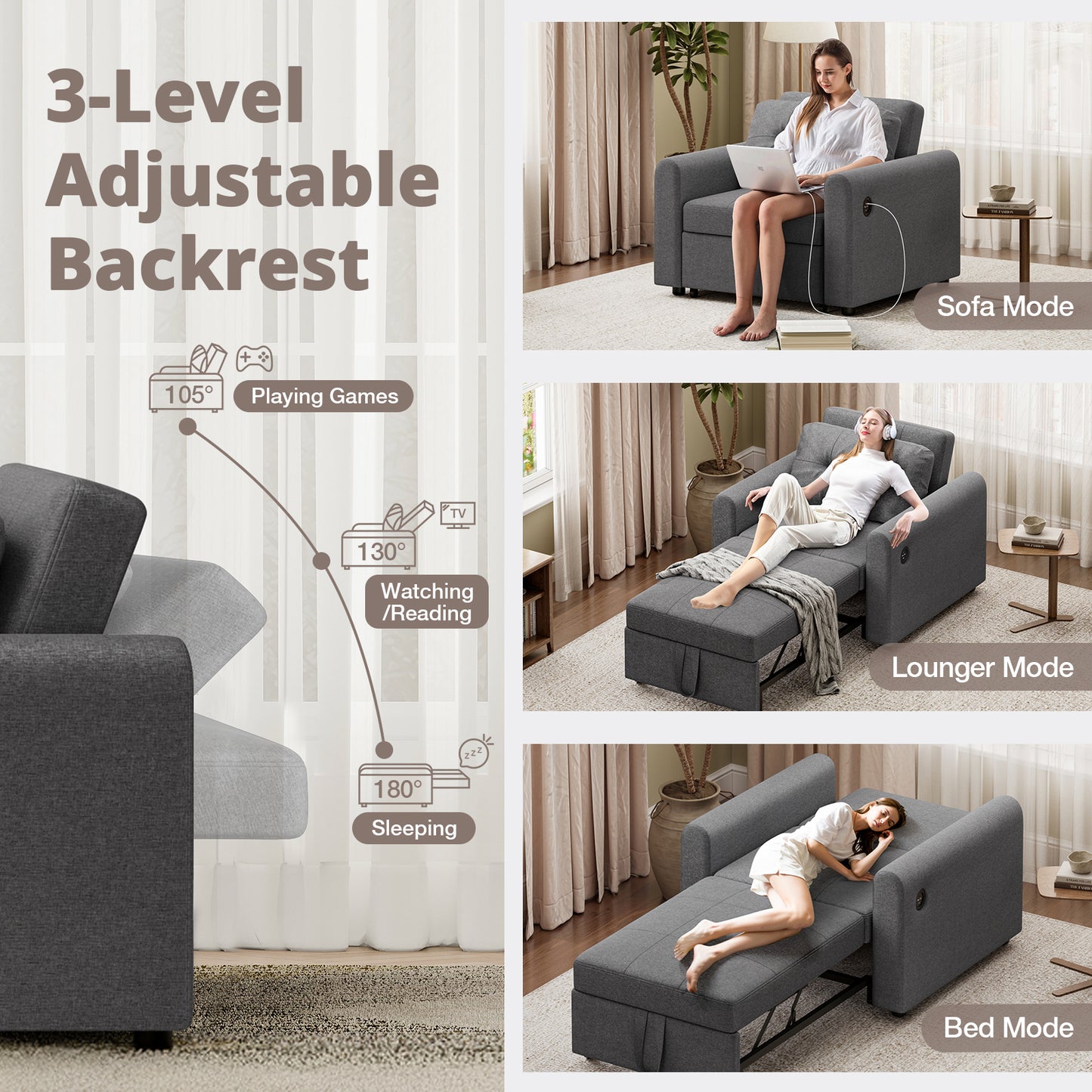 Convertible Single Sofa Bed with USB and Type-C Ports