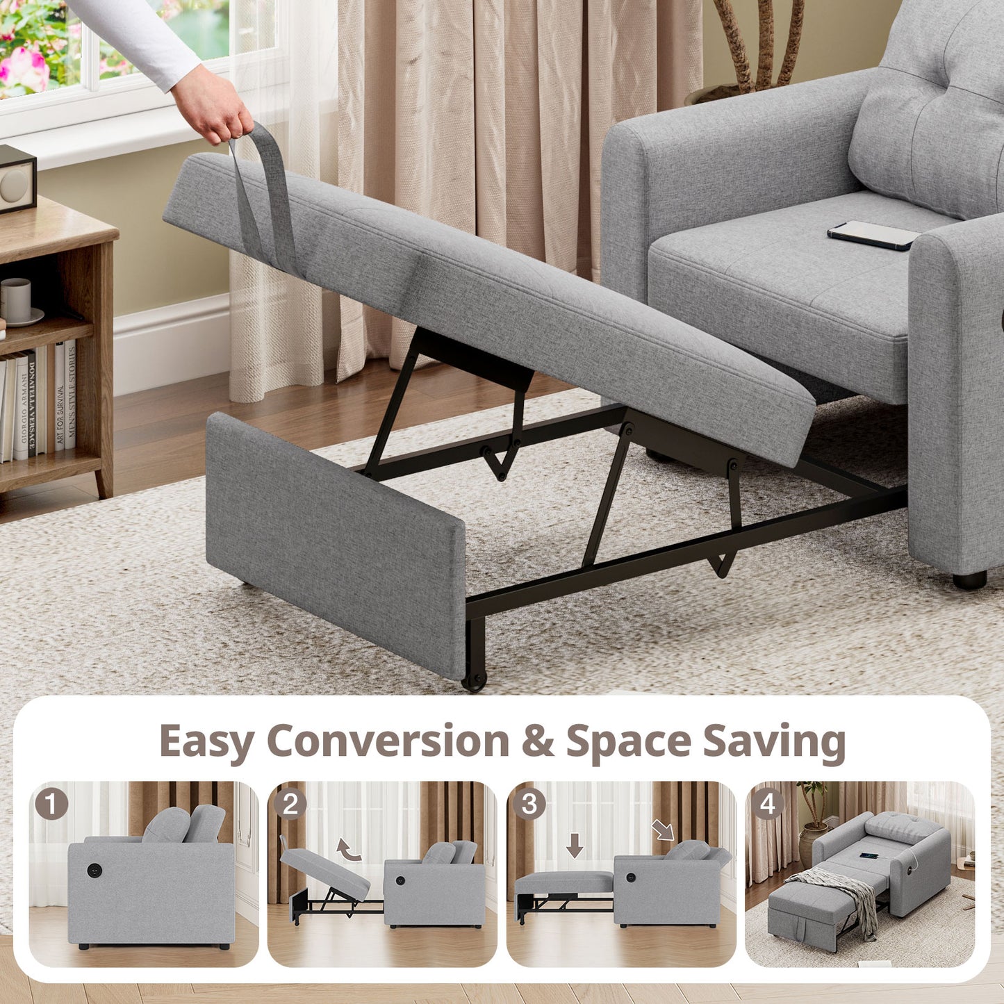 Convertible Single Sofa Bed with USB and Type-C Ports