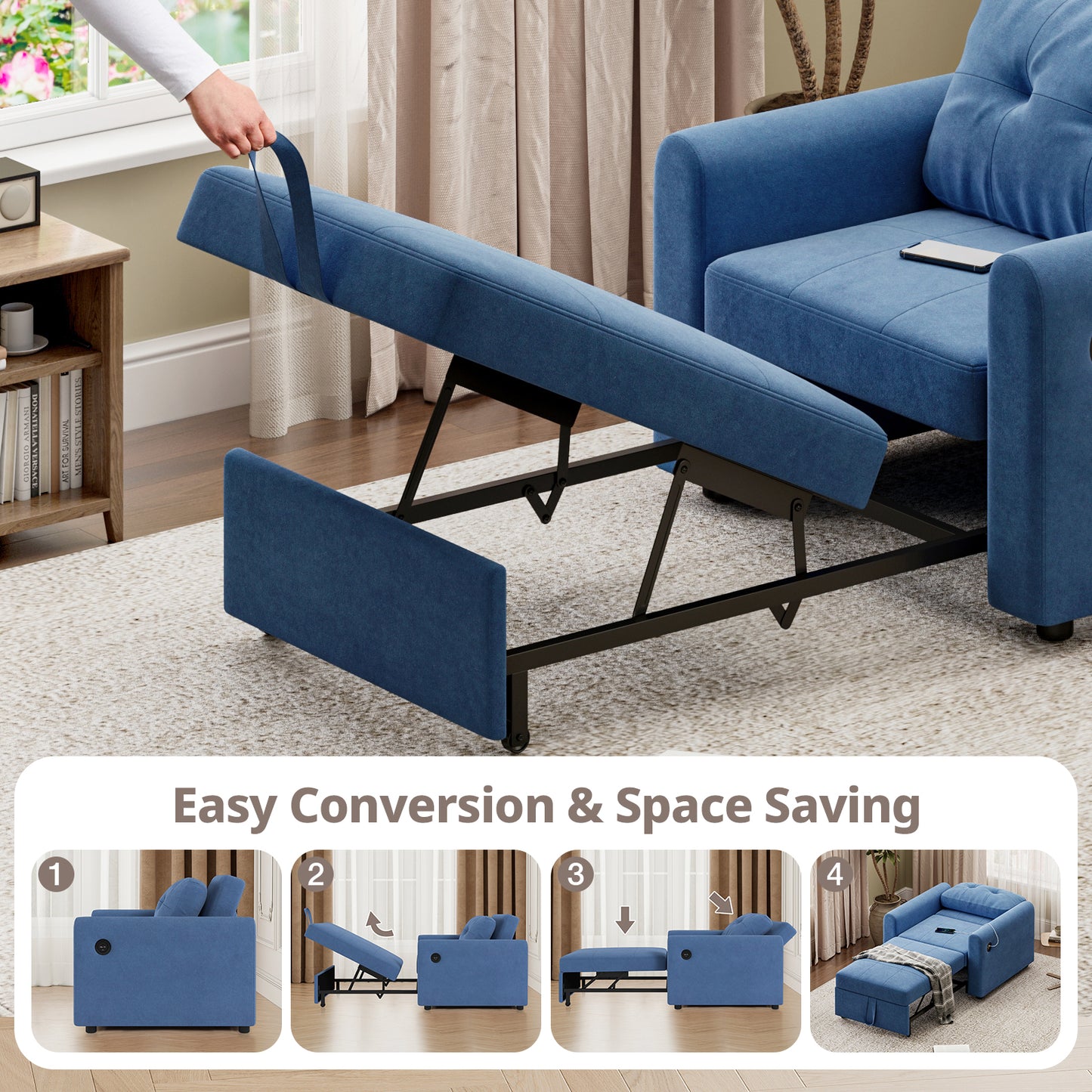 Convertible Single Sofa Bed with USB and Type-C Ports