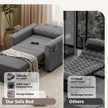 Convertible Single Sofa Bed with USB and Type-C Ports