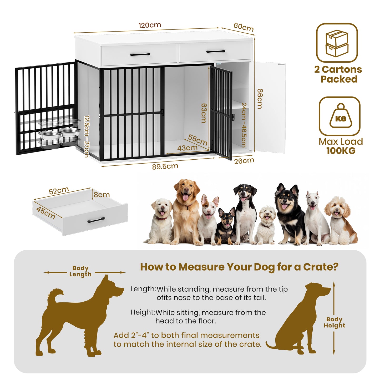 Large Wooden Dog Crate with Drawers